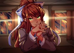 Rule 34 | 1girl, absurdres, bow, brown hair, doki doki literature club, green eyes, hair bow, head rest, highres, indoors, long hair, long sleeves, looking at viewer, monika (doki doki literature club), neck ribbon, nisego, own hands together, parted lips, ponytail, ribbon, smile, solo, white bow, white ribbon, window