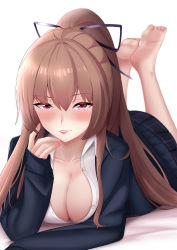 Rule 34 | 1girl, azur lane, barefoot, black ribbon, blue jacket, blue skirt, braid, breasts, cleavage, commentary request, crown braid, feet, hair ribbon, twirling hair, highres, jacket, large breasts, legs, lenxiao, light brown hair, long hair, looking at viewer, lying, on stomach, partially unbuttoned, pleated skirt, purple eyes, ribbon, shirt, simple background, skirt, solo, swiftsure (azur lane), swiftsure (study hall cyclamen) (azur lane), very long hair, white background, white shirt