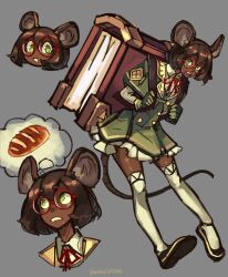 Rule 34 | 1girl, absurdres, animal ears, artist name, blush, bumblesteak, dark-skinned female, dark skin, english text, gloves, green eyes, grey background, highres, mouse ears, mouse tail, nose, olive (bumblesteak), original, short hair, simple background, solo, tail