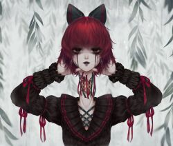 Rule 34 | 1girl, black bow, black eyes, black lips, bow, commentary request, disembodied head, earrings, grey background, guro, hair bow, holding head, jewelry, long sleeves, looking at viewer, red hair, sekibanki, sekibanki day, short hair, solo, touhou, upper body, yatsuga (kouahey dierci)