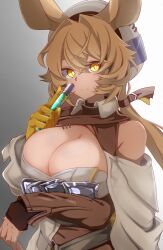 Rule 34 | 1girl, animal ears, arknights, bare shoulders, beret, blonde hair, breasts, cleavage, commentary request, dorothy (arknights), gloves, gradient background, grey background, hair between eyes, hand up, hat, highres, holding, large breasts, long hair, long sleeves, looking at viewer, ocha no mae, single glove, solo, upper body, white background, white hat, yellow eyes, yellow gloves