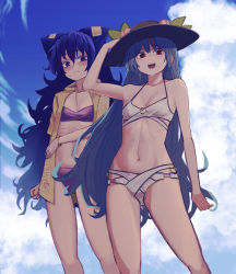Rule 34 | 2girls, absurdres, arm at side, arm up, bare arms, bare shoulders, bikini, bikini under clothes, black headwear, blue eyes, blue hair, blue sky, blush, bow, breasts, cardigan, closed mouth, cloud, collarbone, day, drawstring, food, fruit, groin, hair between eyes, hair bow, hand on headwear, hat, highres, hinanawi tenshi, hood, hood down, hooded cardigan, kaden (muxt8423), leaf, legs apart, long hair, long sleeves, looking at viewer, multiple girls, navel, open cardigan, open clothes, open mouth, outdoors, peach, red eyes, ribs, skinny, sky, small breasts, smile, standing, stomach, swimsuit, touhou, very long hair, wavy mouth, yorigami shion