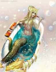 Rule 34 | 1girl, :d, absurdly long hair, animal ears, artist name, bathing, bathtub, blonde hair, blue eyes, box, breasts, cat ears, chopsticks, cleavage, convenient censoring, dripping, fang, fins, food, hair censor, head tilt, highres, holding, long hair, looking at viewer, mermaid, monster girl, navel, open mouth, original, partially submerged, pink background, sangrde, scales, simple background, smile, solo, splashing, stomach, sushi, fish tail, tooth, topless, very long hair, water, water drop, watermark, web address, wet, wet hair