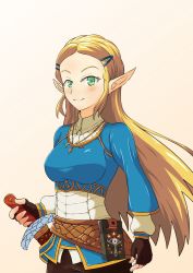 Rule 34 | 1girl, black gloves, blonde hair, fingerless gloves, gloves, green eyes, hair ornament, hairclip, jewelry, long hair, necklace, nintendo, pointy ears, princess zelda, sheath, sheathed, smile, solo, the legend of zelda, the legend of zelda: breath of the wild, upper body, yuukilin