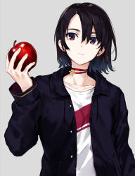 Rule 34 | androgynous, apple, arisaka ako, arm at side, asymmetrical bangs, black hair, black jacket, choker, closed mouth, collarbone, commentary request, drawstring, earrings, fingernails, food, fruit, gender request, grey background, hair between eyes, hand up, holding, holding food, holding fruit, jacket, jewelry, long sleeves, looking at viewer, medium hair, open clothes, open jacket, original, red choker, red eyes, shirt, simple background, single earring, snowflakes, solo, stud earrings, t-shirt, unbuttoned, white shirt