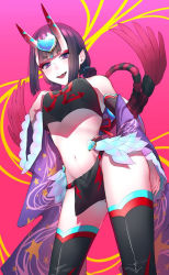 Rule 34 | 1girl, black fundoshi, black thighhighs, blush, breasts, chinese clothes, detached sleeves, dudou, eyeliner, fate/grand order, fate (series), forehead jewel, fundoshi, gogatsubyou tetoromino, hand on own chest, horns, japanese clothes, looking at viewer, low twintails, makeup, medium breasts, navel, oni, open mouth, pelvic curtain, pink background, pointy ears, purple eyes, purple hair, rope, shawl, short eyebrows, short hair, short twintails, shuten douji (fate), shuten douji (fate/grand order), shuten douji (halloween caster) (fate), skin-covered horns, smile, star (symbol), star print, thighhighs, thighs, twintails