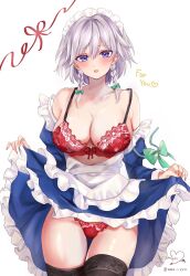 Rule 34 | 1girl, apron, black thighhighs, blue dress, blue eyes, blush, bra, braid, breasts, cismlyri, clothes lift, cowboy shot, dress, dress lift, frilled apron, frills, grey hair, hair between eyes, highres, izayoi sakuya, large breasts, lifted by self, looking at viewer, maid, maid apron, maid headdress, open mouth, panties, red bra, red panties, short hair, signature, simple background, solo, thighhighs, touhou, twin braids, twitter username, underwear, waist apron, white apron, white background