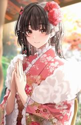 Rule 34 | 1girl, amyu (amm asl pa), black hair, blurry, blurry background, blush, depth of field, floral print, flower, frilled kimono, frills, fur-trimmed kimono, fur trim, furisode, hair flower, hair ornament, highres, idolmaster, idolmaster shiny colors, japanese clothes, kimono, light smile, looking at viewer, mayuzumi fuyuko, obi, outdoors, own hands together, pink kimono, praying, print kimono, sash, solo, two side up, upper body