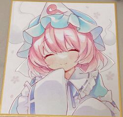 Rule 34 | 1girl, blue hat, closed eyes, closed mouth, commentary request, facing viewer, hat, highres, long sleeves, mob cap, moni monico, photo (medium), pink hair, saigyouji yuyuko, short hair, smile, solo, touhou, traditional media, triangular headpiece, upper body, wide sleeves