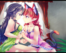 Rule 34 | 2girls, animal ears, bad id, bad pixiv id, bare legs, bare shoulders, black hair, black wings, braid, breasts, cat ears, cat tail, cleavage, couple, curtains, covered erect nipples, eye contact, face-to-face, holding hands, holding, kaenbyou rin, konata gazel, light smile, looking at another, messy hair, multiple girls, nanatsuhane, panties, purple panties, red eyes, red hair, reiuji utsuho, tail, third eye, touhou, twin braids, underwear, underwear only, window, wings, yuri
