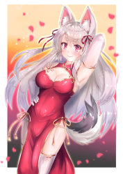 Rule 34 | 1girl, animal ears, arm up, armpits, azur lane, bare shoulders, breasts, china dress, chinese clothes, cleavage, cocoasabure, cowboy shot, dog ears, dog girl, dog tail, dress, elbow gloves, gloves, gold trim, hand on own hip, highres, large breasts, long hair, looking at viewer, panties, pelvic curtain, pink eyes, red dress, revision, silver hair, sleeveless, sleeveless dress, smile, solo, tail, thick eyebrows, thighhighs, thighs, underwear, white gloves, white panties, white thighhighs, yuudachi (azur lane)