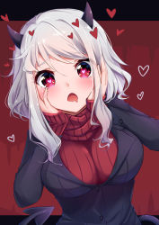 Rule 34 | 1girl, blush, breasts, demon girl, demon horns, demon tail, hair between eyes, hands on own face, heart, heart-shaped pupils, helltaker, highres, horns, large breasts, long hair, long sleeves, looking at viewer, modeus (helltaker), open mouth, red eyes, red sweater, ribbed sweater, sidelocks, sleeves past wrists, solo, sweater, symbol-shaped pupils, tail, turtleneck, turtleneck sweater, umou (may65879), upper body, white hair