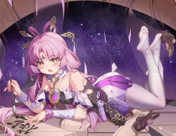 Rule 34 | 1girl, absurdres, aiza-ku, bare shoulders, bow-shaped hair, constellation, constellation print, feet, forehead jewel, fu xuan (honkai: star rail), hair ornament, hair rings, high heels, highres, holding, holding pen, honkai: star rail, honkai (series), leggings, looking at viewer, low twintails, lying, on stomach, open mouth, pantyhose, pen, pink hair, pink tassel, purple rope, rope, soles, tassel, tassel hair ornament, the pose, thighhighs, twintails, white leggings, white pantyhose, white thighhighs, writing, yellow eyes