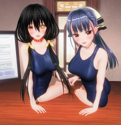 Rule 34 | 2girls, 3d, :d, absurdres, animal collar, black hair, blue hair, blush, bow, breasts, character request, clock eyes, collar, date a live, fang, hair between eyes, hair bow, heterochromia, highres, jewelry, large breasts, long hair, looking at viewer, looking back, multiple girls, necklace, old school swimsuit, one-piece swimsuit, open mouth, red eyes, school swimsuit, sitting, smile, swimsuit, symbol-shaped pupils, tokisaki kurumi, twintails, yellow bow, yellow eyes