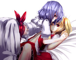 Rule 34 | 2girls, bed, bed sheet, blonde hair, dress, flandre scarlet, highres, holding, incest, interlocked fingers, junya-san, light purple hair, looking at viewer, looking back, lying on person, multiple girls, open clothes, open dress, open mouth, pink dress, red eyes, remilia scarlet, short hair, siblings, side ponytail, sisters, touhou, yuri