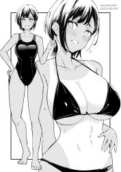 Rule 34 | 1girl, barefoot, bikini, blush, breasts, cleavage, clenched teeth, collarbone, commentary request, competition swimsuit, dated, full body, grey background, greyscale, highres, kichihachi, large breasts, looking at viewer, monochrome, multiple views, navel, one-piece swimsuit, one-piece tan, original, short hair, simple background, smile, standing, stomach, swimsuit, tan, tanline, teeth, toes, twitter username, two-tone background, white background
