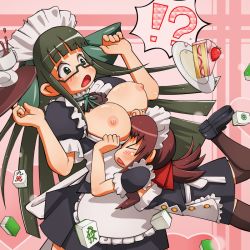 Rule 34 | 2girls, apron, board game, bow, breasts, brown hair, bumping, buttons, coffee, collar, crashing, cup, dress, food, frills, fruit, glasses, green hair, hair ornament, headdress, honruu ayumi, large breasts, mahjong, maid, maid apron, moeru mahjong moejong (moejan), multiple girls, paseli, pie, plate, pulling, shoes, skirt, strawberry, surprised, thighhighs, tiles, tray, tsukuda moeko