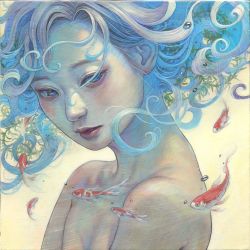 Rule 34 | 1girl, blue hair, blue pupils, commentary, english commentary, eyelashes, fish, floating hair, goldfish, highres, hirano miho, lips, long hair, looking at animal, nose, oil painting (medium), original, painting (medium), parted lips, portrait, solo, traditional media