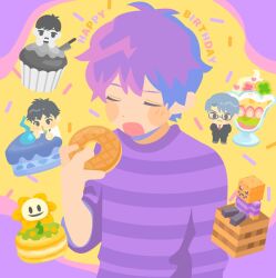 Rule 34 | 5boys, asymmetrical sleeves, cake, cake slice, character request, check character, chibi, chibi inset, copyright request, crossover, cupcake, doughnut, dual persona, eating, flowey (undertale), food, happy birthday, himuro reiichi, holding doughnut, imminent bite, jack-o&#039; ran-tan, male focus, minecraft, multicolored background, multiple boys, multiple crossover, napoli no otokotachi, omori, omori (omori), open mouth, parfait, partially colored, purple background, purple hair, short hair, sleeve pushed up, sprinkles, striped clothes, striped sweater, sweater, tokimeki memorial, tokimeki memorial girl&#039;s side, undertale, uneven sleeves, upper body, yan (yanmaroyan), yellow background