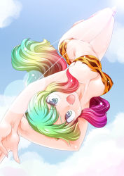 Rule 34 | 1girl, :d, animal print, arched back, arms up, bandeau, bikini, blonde hair, blue eyes, blue sky, breasts, cleavage, cloud, day, fangs, flying, foreshortening, from below, gradient hair, green hair, horns, lens flare, long hair, looking at viewer, lum, medium breasts, mizuki hitoshi, multicolored hair, open mouth, purple hair, red hair, shiny skin, sky, smile, solo, swimsuit, tiger print, upside-down, urusei yatsura, very long hair