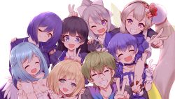 Rule 34 | 2boys, 6+girls, ahoge, black hair, black jacket, blazer, blonde hair, blue bow, blue eyes, blue hair, blue jacket, blush, bow, braid, breasts, cleavage, closed eyes, closed mouth, collarbone, commentary, detached collar, elf, elu (nijisanji), fairy wings, flower, french braid, glasses, gloves, green eyes, green hair, grin, hair flower, hair ornament, hairclip, hand on another&#039;s shoulder, highres, higuchi kaede, hoppege, jacket, large breasts, long hair, long sleeves, looking at viewer, moira (nijisanji), mole, mole under eye, mole under mouth, multiple boys, multiple girls, nijisanji, one eye closed, open mouth, pink bow, pink neckwear, pointy ears, pom pom (clothes), ponytail, puffy short sleeves, puffy sleeves, purple eyes, red eyes, school uniform, see-through, shibuya hajime, shizuka rin, short hair, short sleeves, silver hair, sleeveless, smile, strapless, suzuya aki, trap, tsukino mito, tsukino mito (1st costume), twintails, upper body, v, very long hair, virtual youtuber, white gloves, wings, yellow eyes, yuuki chihiro
