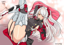 Rule 34 | 1girl, absurdres, armored boots, azur lane, black garter straps, black gloves, boots, breasts, buttons, dated, double-breasted, feet out of frame, finger to mouth, gan-metal, garter straps, gloves, highres, large breasts, long hair, looking at viewer, lying, multicolored hair, on back, one eye closed, orange eyes, prinz eugen (azur lane), red hair, sideboob, solo, streaked hair, two-tone hair, white hair