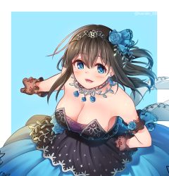 Rule 34 | 10s, 1girl, black gloves, blue eyes, blush, breasts, brown hair, cleavage, earrings, gloves, highres, idolmaster, idolmaster cinderella girls, idolmaster cinderella girls starlight stage, jewelry, kamille (vcx68), large breasts, long hair, looking at viewer, off shoulder, parted lips, sagisawa fumika, smile, solo, teeth