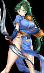 Rule 34 | &gt;:o, 1girl, :o, arrow (projectile), bad id, bad pixiv id, bare legs, black background, black gloves, blue dress, blush, bow (weapon), breasts, dress, elbow gloves, fingerless gloves, fire emblem, fire emblem: the blazing blade, gloves, gluteal fold, green eyes, green hair, high ponytail, highres, holding, holding weapon, jewelry, large breasts, legs apart, light particles, long hair, looking at viewer, lyn (fire emblem), nintendo, no panties, open mouth, pelvic curtain, ponytail, ponytail korosuke, short sleeves, simple background, solo, standing, thighs, v-shaped eyebrows, very long hair, weapon