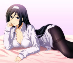 Rule 34 | 10s, 1girl, bed sheet, black hair, black pantyhose, blue eyes, breasts, cleavage, clenched hand, hairband, hand on own cheek, hand on own face, hyouka, irisu fuyumi, long hair, lying, on side, panties, panties under pantyhose, pantyhose, shian (my lonly life.), shirt, simple background, smile, solo, thighband pantyhose, underwear, white shirt
