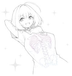 Rule 34 | 1girl, :3, :d, ahoge, arm behind head, belt collar, breasts, collar, e-qi, earrings, fang, greyscale, hair intakes, hand up, heart pendant, highres, idolmaster, idolmaster cinderella girls, jewelry, large breasts, looking at viewer, medium hair, monochrome, off shoulder, open mouth, pill earrings, ringed eyes, shirt, short sleeves, skeleton print, smile, solo, sparkle, upper body, yumemi riamu