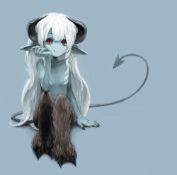 Rule 34 | 1girl, androgynous, blue skin, colored skin, demon girl, head rest, highres, hooves, horns, minotaur, monster girl, original, pointy ears, red eyes, satyr, sitting, solo, tail, toi (number8), topless, white hair