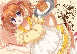 Rule 34 | 1girl, :d, apron, blush, butter, cafe stella to shinigami no chou, clenched hand, dutch angle, food, fuyukichi (nikoniko1567), hair ornament, highres, holding, holding tray, open mouth, orange hair, pancake, pancake stack, pink footwear, purple eyes, shadow, short sleeves, short twintails, skirt, smile, solo, standing, sumizome nozomi, syrup, thighhighs, tray, twintails, white thighhighs, yellow skirt