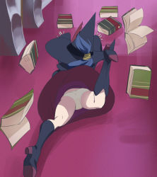 Rule 34 | 10s, 1girl, ass, blue hair, book, boots, clumsy, dress, falling, from behind, full body, haruyama kazunori, hat, high heel boots, high heels, knee boots, kneehighs, little witch academia, long hair, lying, outstretched arms, panties, pantyshot, shoe soles, socks, solo, underwear, ursula callistis, white panties, witch hat