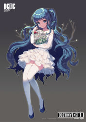 Rule 34 | 1girl, absurdres, aqua hair, bare shoulders, birdcage, blue eyes, cage, closed mouth, copyright name, destiny child, detached sleeves, earrings, frilled skirt, frills, full body, gradient background, grey background, highres, jewelry, long hair, looking at viewer, mechuragi, skirt, smile, solo, thighhighs, very long hair, white skirt, white thighhighs, zettai ryouiki