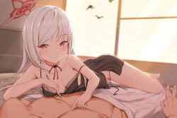 Rule 34 | 1boy, 1girl, alternate costume, alternate hairstyle, backlighting, bare shoulders, barefoot, black negligee, black panties, blue archive, body writing, breasts, breasts apart, choker, closed mouth, collarbone, commentary request, eyelashes, feet, grey hair, halo, heart, highres, holding, holding pen, indoors, legs, lingerie, long hair, lying, lying on person, mailixiang, mutsuki (blue archive), narrowed eyes, negligee, panties, partial commentary, pen, pov, red choker, red eyes, ribbon choker, side-tie panties, slit pupils, small breasts, smile, solo focus, strap slip, string panties, teasing, toes, underwear, untied panties