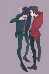 Rule 34 | 2boys, arsene lupin iii, black hair, brown hair, cigarette, commentary request, covered eyes, formal, hand in pocket, hat, highres, holding, holding cigarette, jigen daisuke, looking at viewer, lupin iii, male focus, multiple boys, necktie, short hair, smile, smoke, smoking, suit, urourooooo, v