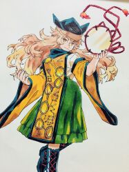 Rule 34 | 1girl, black footwear, black hat, black neckerchief, black trim, blonde hair, boots, closed mouth, commentary, constellation print, cross-laced footwear, drum, english commentary, eyelashes, fingernails, foot out of frame, frilled skirt, frills, green skirt, hair spread out, hat, highres, holding, holding instrument, instrument, jeto (jetopyon), knee boots, layered sleeves, long hair, long sleeves, looking at viewer, marker (medium), matara okina, medium skirt, neckerchief, orange sleeves, orange tabard, outstretched hand, shirt, skirt, smirk, solo, tabard, tassel, touhou, traditional media, v-shaped eyebrows, white shirt, wide sleeves, yellow eyes