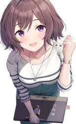 Rule 34 | 1girl, absurdres, blush, breasts, brown hair, clenched hand, collarbone, gakuen idolmaster, green pants, highres, idolmaster, leaning forward, looking at viewer, masuku (saint mask), medium breasts, neo asari, pants, purple eyes, shirt, short hair, simple background, smile, solo, striped clothes, striped shirt, watch, white background, wristwatch