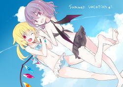 Rule 34 | 2girls, akimaki yuu, back, bat wings, bikini, black bikini, blonde hair, blue bikini, blue sky, blush, cloud, collaboration, crystal, day, dutch angle, english text, fang, flandre scarlet, full body, holding hands, highres, light purple hair, looking at viewer, midriff, multiple girls, nagi (nagito), navel, one eye closed, open mouth, red eyes, remilia scarlet, short hair, siblings, side ponytail, sisters, sky, slit pupils, smile, swimsuit, text focus, touhou, wings