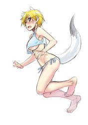 Rule 34 | 1girl, animal ears, blonde hair, blue eyes, brave witches, breasts, fang, fox tail, from side, large breasts, nikka edvardine katajainen, panties, satou atsuki, short hair, side-tie panties, sideways mouth, simple background, solo, sweat, tail, underboob, underwear, white background, white panties, world witches series