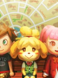 Rule 34 | 1boy, 2girls, animal crossing, animal ears, bellhenge, bench, black shirt, blunt bangs, blush stickers, bow, bowtie, brown eyes, brown hair, buttons, camouflage, camouflage pants, closed mouth, collared shirt, commentary, deviantart username, dog, dog ears, dress, english commentary, eyelashes, furry, furry female, green eyes, green skirt, green vest, hands on lap, indoors, isabelle (animal crossing), jacket, layered sleeves, long hair, long sleeves, map background, miniskirt, multiple girls, nintendo, open mouth, pants, pencil skirt, pink hair, plaid, plaid vest, pocket, ponytail, red bow, red bowtie, red jacket, red trim, shirt, short ponytail, short sleeves, side-by-side, sitting, skirt, sleeve bow, smile, t-shirt, vest, villager (animal crossing), white dress, white shirt