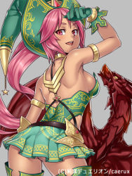 Rule 34 | 1girl, arm up, armlet, ass, back, bare shoulders, boots, breasts, copyright name, dragon, from behind, gloves, hat, houtengeki, jewelry, junketsu duelion, long hair, looking back, lots of jewelry, lulu masir, miniskirt, official art, open mouth, pink eyes, pink hair, pleated skirt, sideboob, simple background, skirt, smirk, solo, star (symbol), thigh boots, thighhighs
