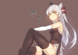 Rule 34 | 10s, 1girl, absurdres, amatsukaze (kancolle), bad id, bad pixiv id, black thighhighs, china dress, chinese clothes, dress, elbow gloves, from side, gloves, grey background, hat, highres, kantai collection, long hair, looking at viewer, simple background, sitting, solo, thighhighs, twintails, two side up, white gloves, white hair, wulazula, yellow eyes