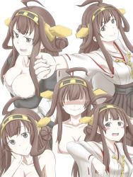 Rule 34 | 10s, 1girl, :d, ahoge, alternate costume, aoki hagane no arpeggio, bad id, bad pixiv id, bare shoulders, blush stickers, breasts, brown hair, cleavage, cosplay, detached sleeves, double bun, glowing, glowing eyes, hair ornament, hairband, hand on own cheek, hand on own face, headgear, highres, japanese clothes, kantai collection, kchair02 (k02-yan), kongou (aoki hagane no arpeggio), kongou (aoki hagane no arpeggio) (cosplay), kongou (kancolle), long hair, looking at viewer, maid, multiple views, nontraditional miko, open mouth, out-of-frame censoring, outstretched arm, personification, ribbon-trimmed sleeves, ribbon trim, smile, thighhighs