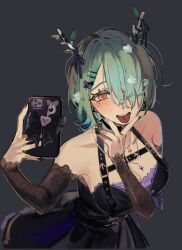 Rule 34 | 1girl, antlers, armpit crease, armpits, bare shoulders, black bow, black choker, black dress, black nails, black sleeves, blush, bow, branch, breasts, cellphone, ceres fauna, ceres fauna (goth), chest strap, choker, cross, cross necklace, detached sleeves, dress, eus ing, flower, goth fashion, gothic lolita, gradient hair, green eyes, green hair, hair bow, hair flower, hair ornament, hair over one eye, hairclip, hands on own face, harness, heart, heart choker, heart o-ring, highres, holding, holding phone, holocouncil, hololive, hololive english, horns, jewelry, lace sleeves, large breasts, lolita fashion, looking at viewer, mole, mole under eye, multicolored hair, nail polish, necklace, o-ring, o-ring choker, official alternate costume, official alternate hairstyle, phone, selfie, short hair, sleeveless, sleeveless dress, smartphone, solo, tongue, tongue out, tree horns, unworn hair ornament, unworn hairclip, virtual youtuber, yellow eyes
