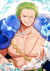 Rule 34 | 1boy, abs, aoiaoba0316, bara, bare pectorals, birthday, coat, foreshortening, fur-trimmed coat, fur trim, green hair, highres, large pectorals, male focus, muscular, muscular male, nipples, no shirt, official alternate costume, one piece, pectorals, roronoa zoro, scar, scar across eye, short hair, smirk, solo, stomach, tsurime, water