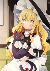 Rule 34 | 1girl, animal, apron, black headwear, black vest, blonde hair, blush, bow, braid, cat, closed mouth, commentary request, frilled headwear, hat, hat bow, highres, holding, holding animal, holding cat, indoors, kaenbyou rin, kaenbyou rin (cat), kirisame marisa, long hair, looking at viewer, multiple tails, puffy short sleeves, puffy sleeves, red eyes, shirt, short sleeves, single braid, sleeve bow, tail, tail bow, tail ornament, touhou, turtleneck, two tails, uchisaki himari, very long hair, vest, waist apron, white apron, white bow, white shirt, witch hat, wrist cuffs, yellow eyes