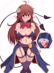 Rule 34 | 1girl, ahoge, bare shoulders, blush, breasts, brown eyes, brown hair, cleavage, demon girl, demon horns, demon tail, gift, heart, highres, horns, long hair, looking at viewer, machikado mazoku, navel, ponponmaru, revealing clothes, simple background, smile, solo, tail, thighhighs, valentine, very long hair, white background, yoshida yuuko (machikado mazoku)