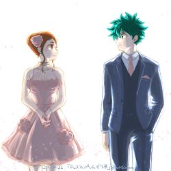 Rule 34 | 1boy, 1girl, bare arms, bare shoulders, blue jacket, boku no hero academia, breasts, brown hair, buthikireta, cleavage, collarbone, collared shirt, commentary request, dated, dress, flower, formal, freckles, gloves, green hair, green vest, hair flower, hair ornament, hand in pocket, highres, interlocked fingers, jacket, long sleeves, looking at another, medium breasts, midoriya izuku, necktie, own hands together, pants, pink neckwear, profile, shirt, short hair, smile, translation request, uraraka ochako, vest