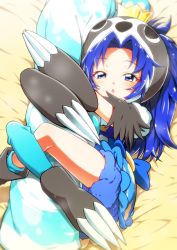 Rule 34 | 10s, 1girl, :o, animal costume, bed sheet, blue dress, blue eyes, blue hair, blue legwear, blue shorts, claws, commentary request, crown, cure gelato, dress, from above, half-closed eyes, kirakira precure a la mode, leg lock, long hair, looking at viewer, lying, mini crown, hugging object, on back, precure, shorts, sloth costume, solo, tategami aoi, yuto (dialique)